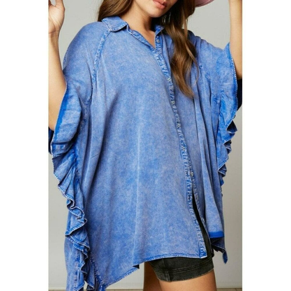 Time Flies Acid Washed Ruffled Shirt in Royal Blue - Picture 8 of 8